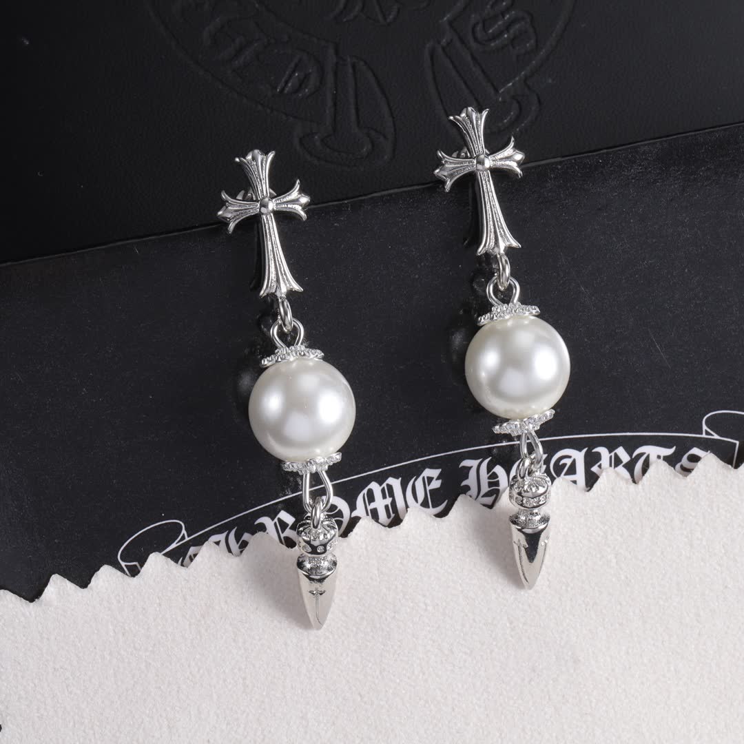 Chrome Hearts Silver Cross and Pearl Earrings